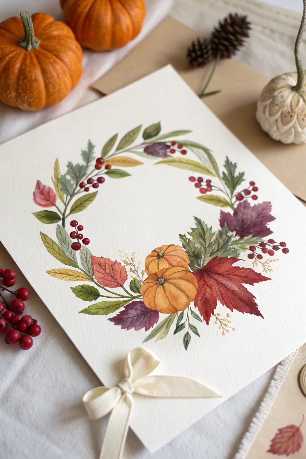 Paint a cute fall wreath with bold leaves, berries, mini pumpkins, and a tiny bow on a clean backdrop