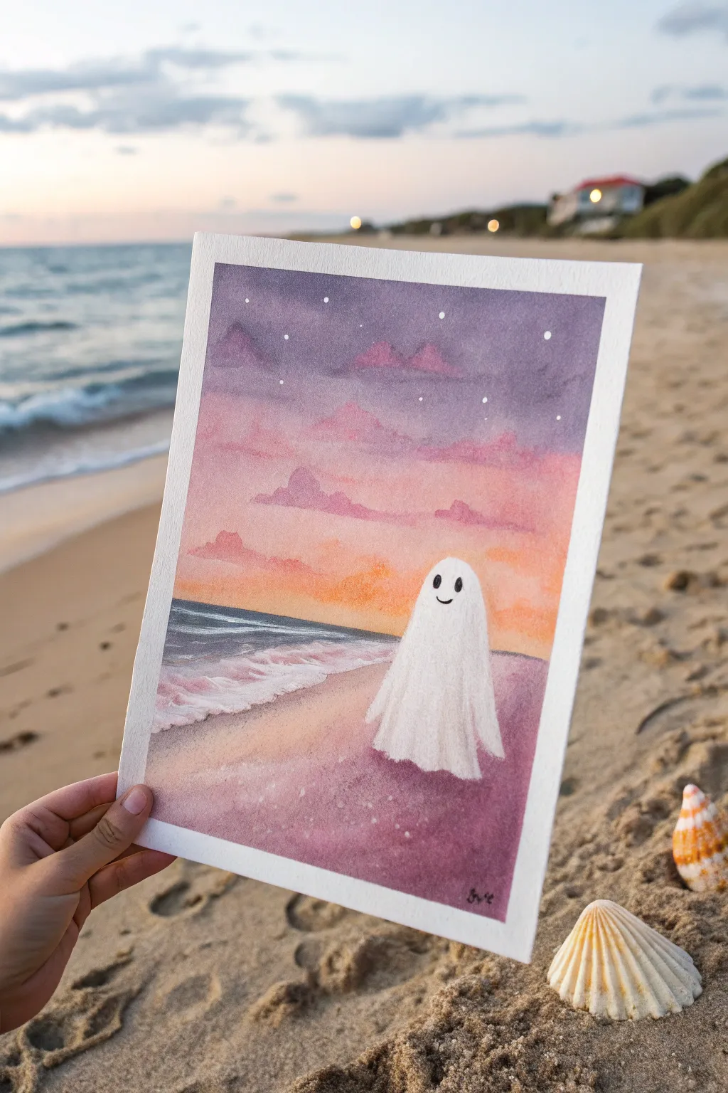 Cute ghost on a beach at sunset, peach and lavender sky, minimalist boho palette with seashell.