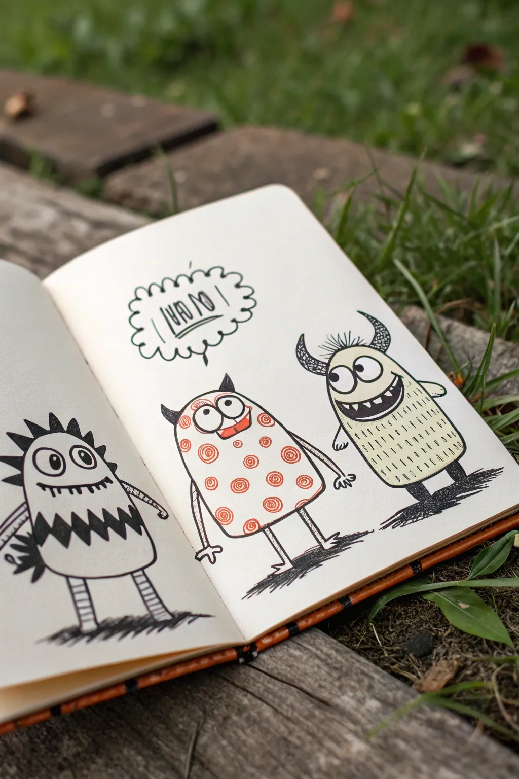 Pattern-body monster trio with bold outlines and simple stripes, dots, and checks in rich colors