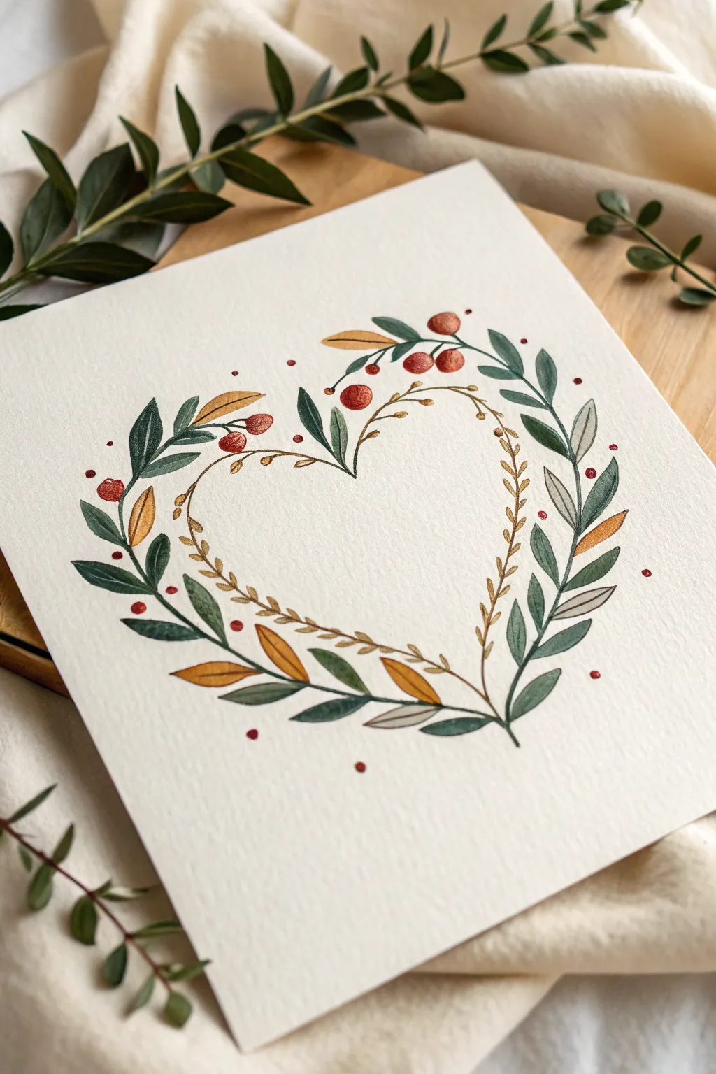 Heart-shaped leafy wreath with tiny dots and berries, leaving space for a sweet Mother’s Day note