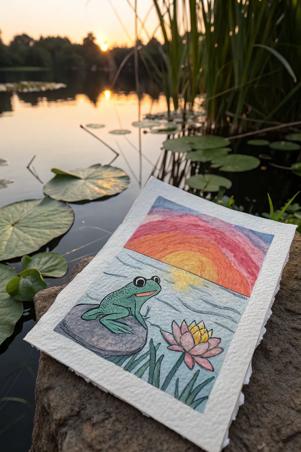Easy oil pastel idea: big-eyed frog on a lily pad against a bold sunset pond glow