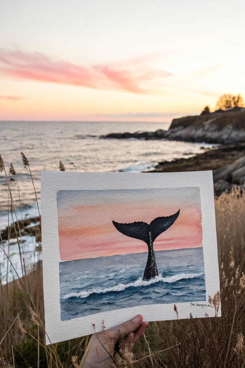 Minimal whale tail silhouette against a pink horizon sunset, simple, bold, and calming