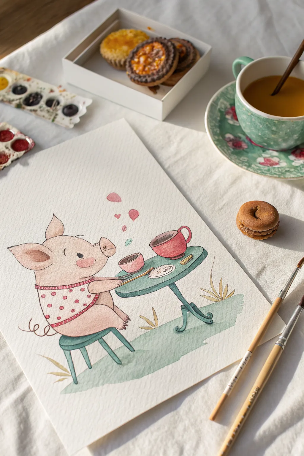 Whimsical tea party piglet painting with cozy warm tones, minimalist Nordic-boho charm