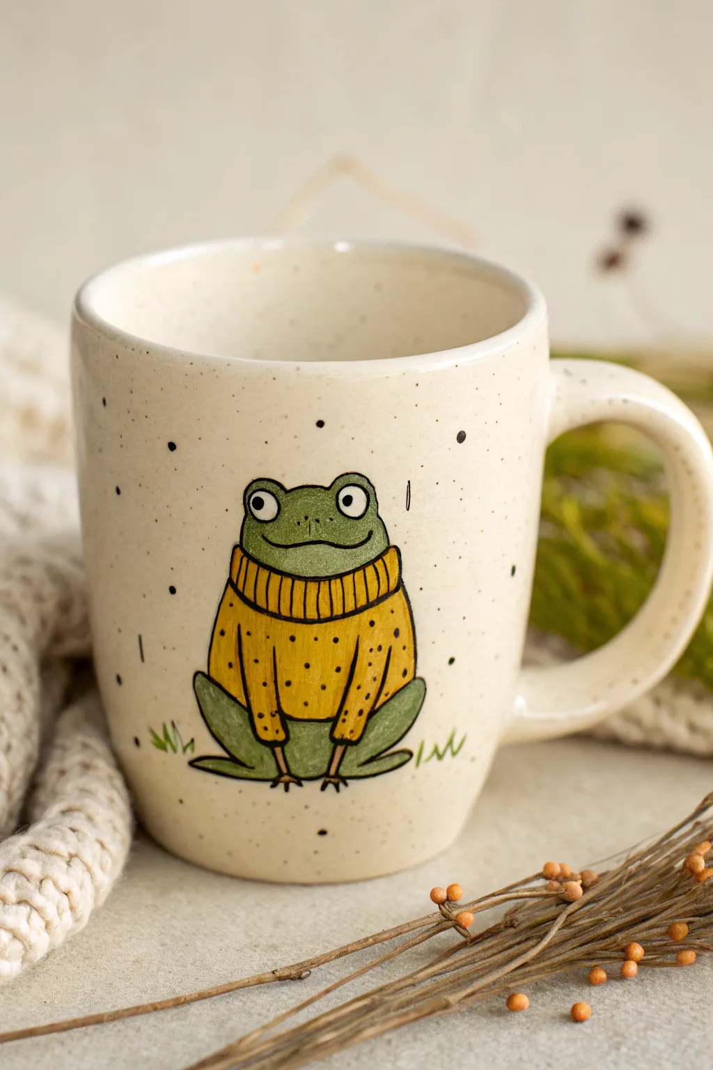 Cozy frog-in-a-sweater mug idea with minimalist details and bold color contrast to copy easily
