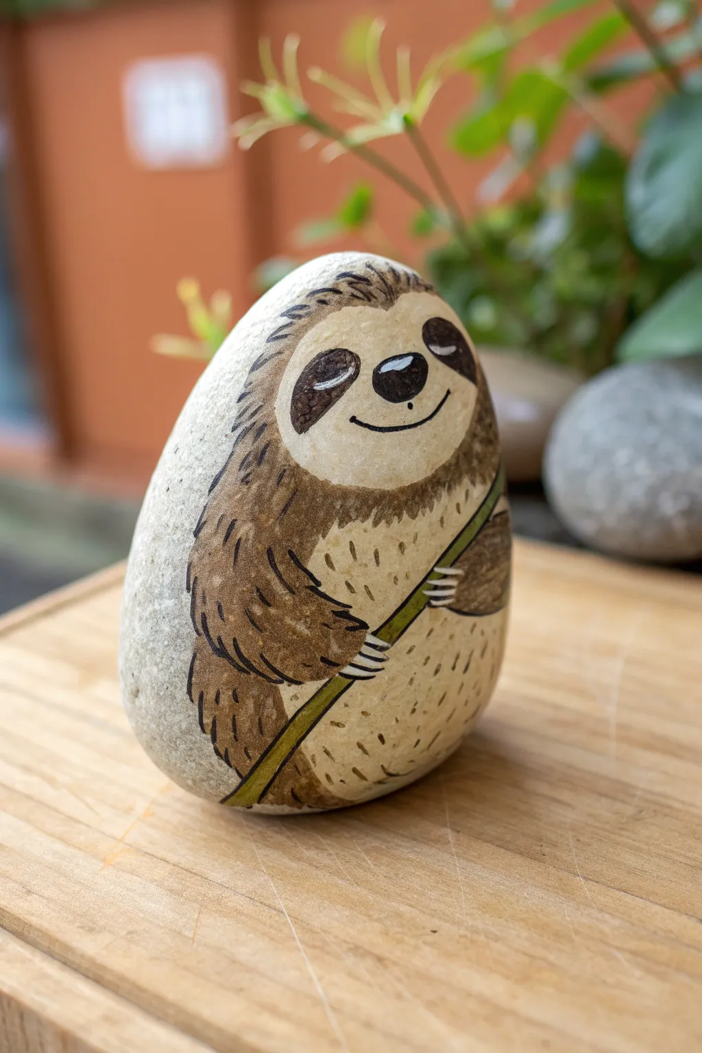 Relaxed sloth rock painting draped over a twig, minimalist boho vibe with bold contrast