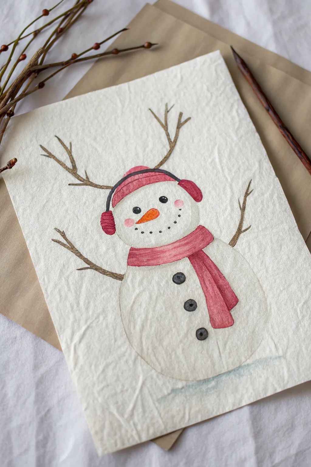 Sweet snowman sketch with rounded twig antlers, rosy cheeks, and a bold cozy scarf.