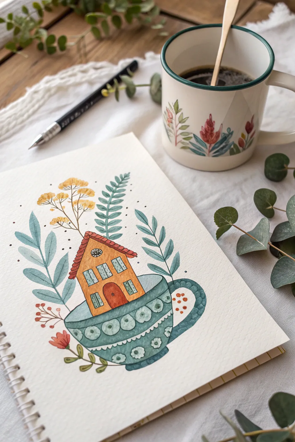 Whimsical watercolor: a tiny house nestled inside a teacup for sweet, minimalist storybook vibes.