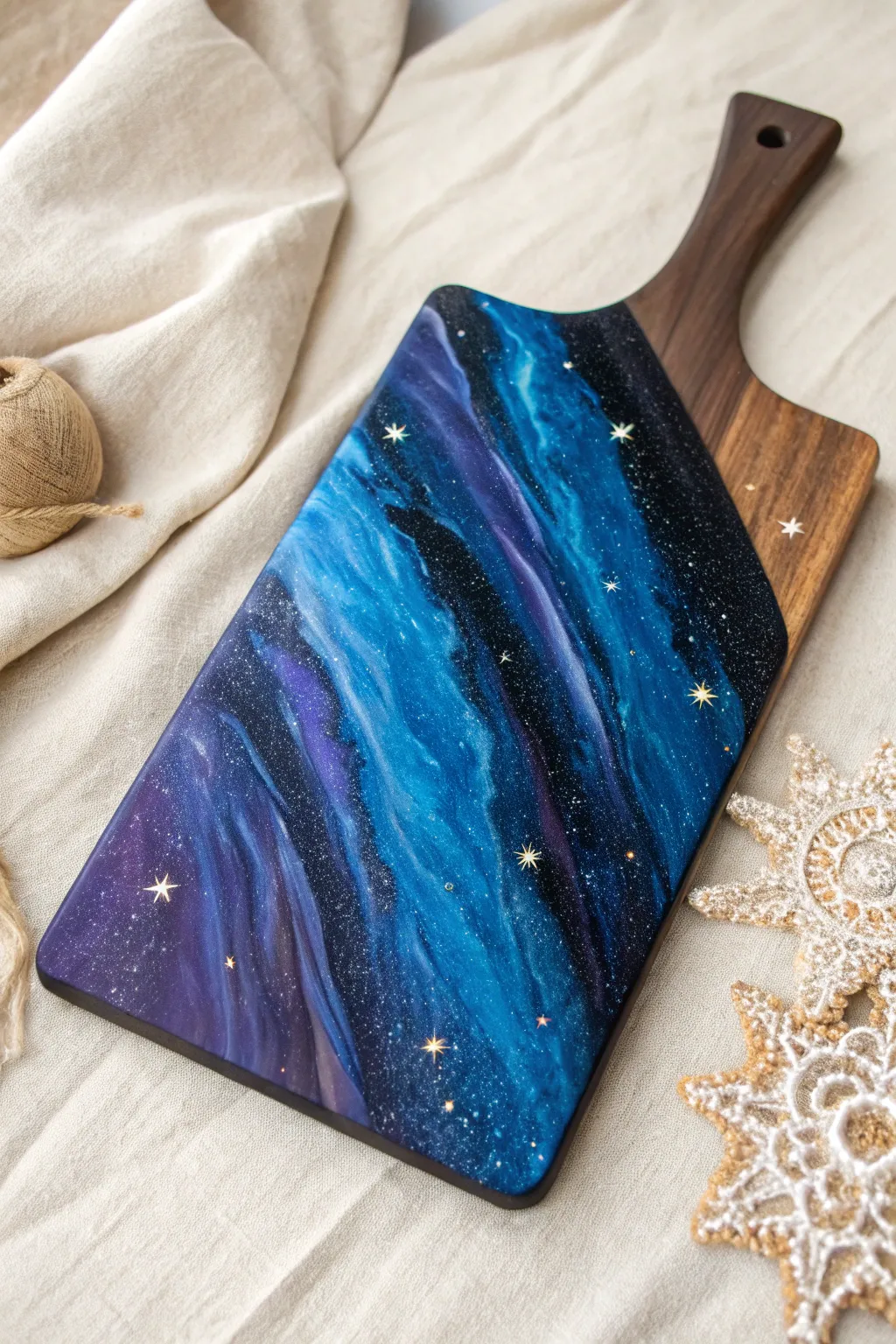 Acrylic pour galaxy cutting board in deep blues and purples, glossy and star-speckled.