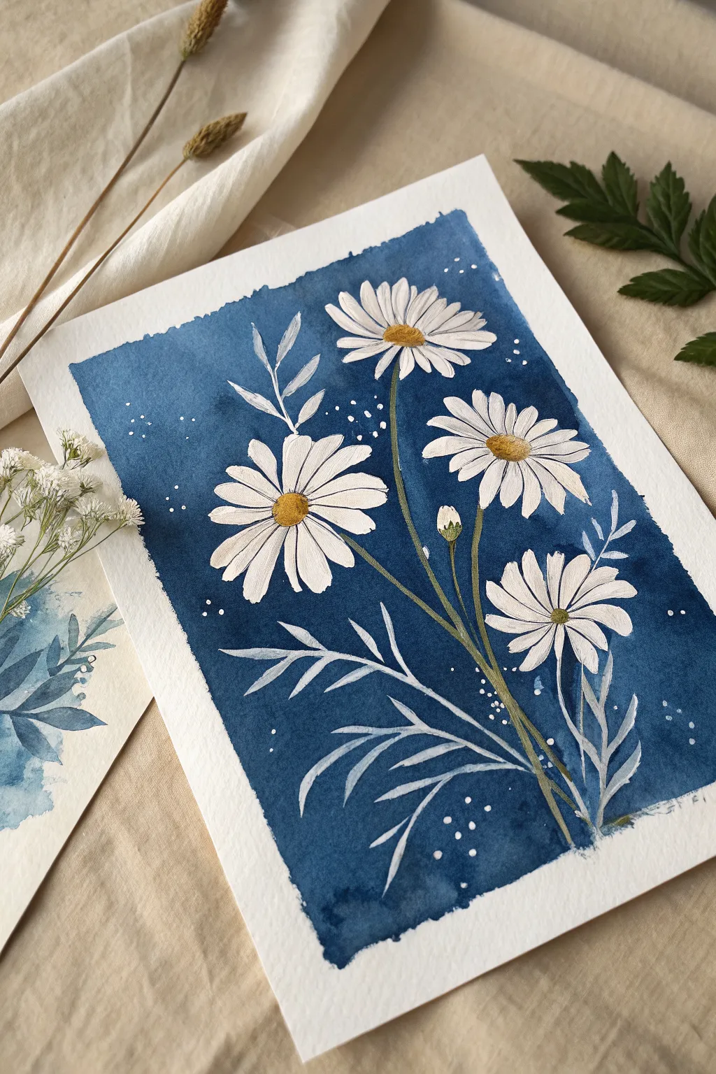 Negative painting daisies: crisp white petals left untouched against a bold indigo background.