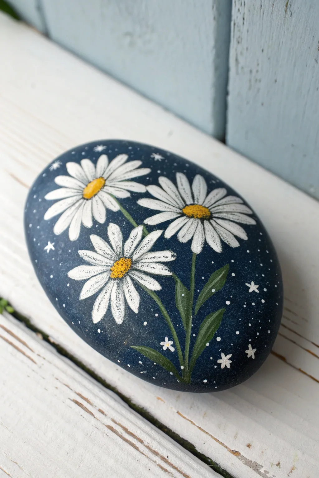 Night-sky daisy rock with starry speckles and bold contrast, minimalist and easy to paint.