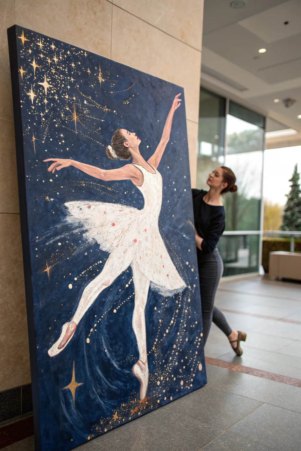 Cosmic dance painting: bold silhouette, stardust splatter, and dreamy paint drips in space