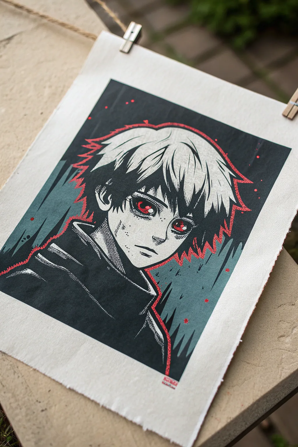 Glitch distortion horror anime face on textured paper, bold black with cyan and crimson corruption.