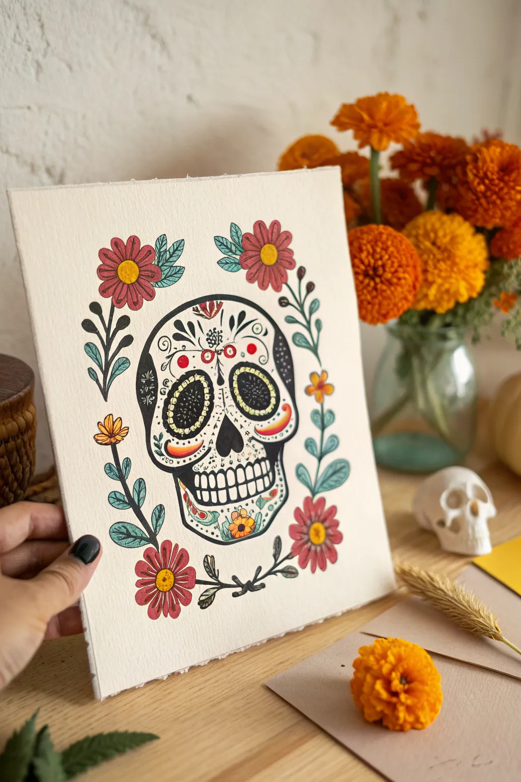 Bold calavera folk art painting with a vibrant floral frame, clean and Pinterest-ready