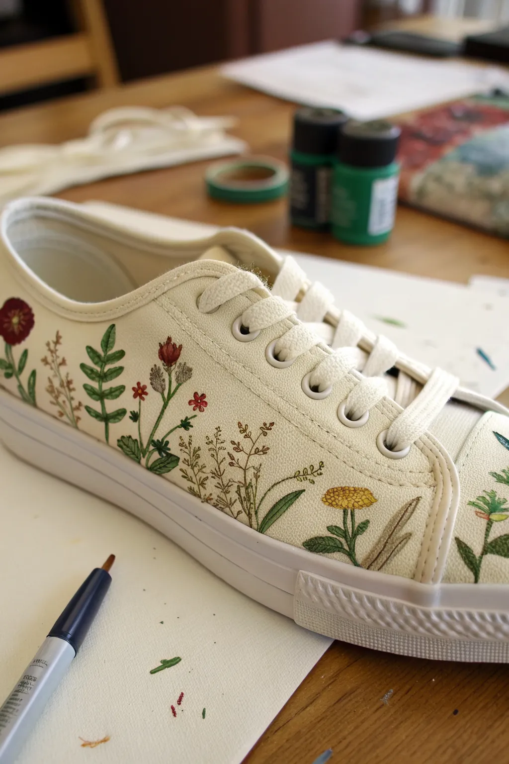 Cottagecore collage sneaker with pressed blooms and marker details, styled on a minimal desk