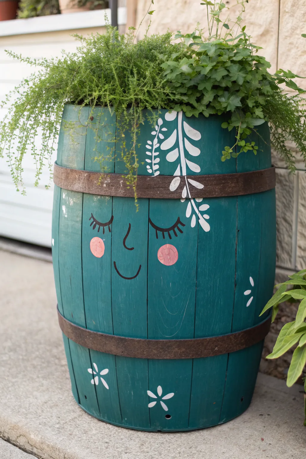 Painted barrel face with lush trailing planter hair, a bold boho-minimal DIY garden statement