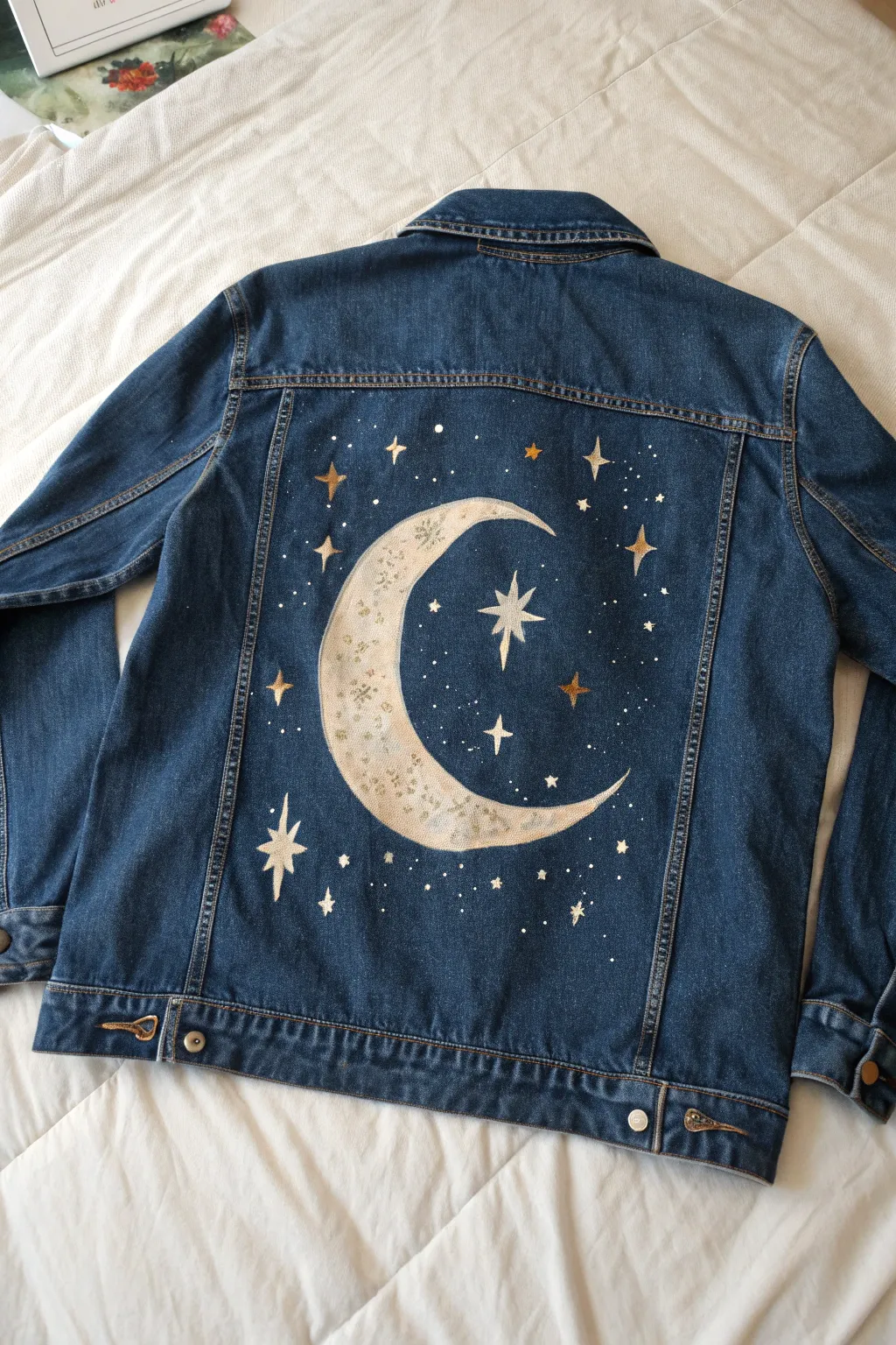 Celestial moon and stars on denim with soft glow halos for a dreamy dusk-inspired back panel.