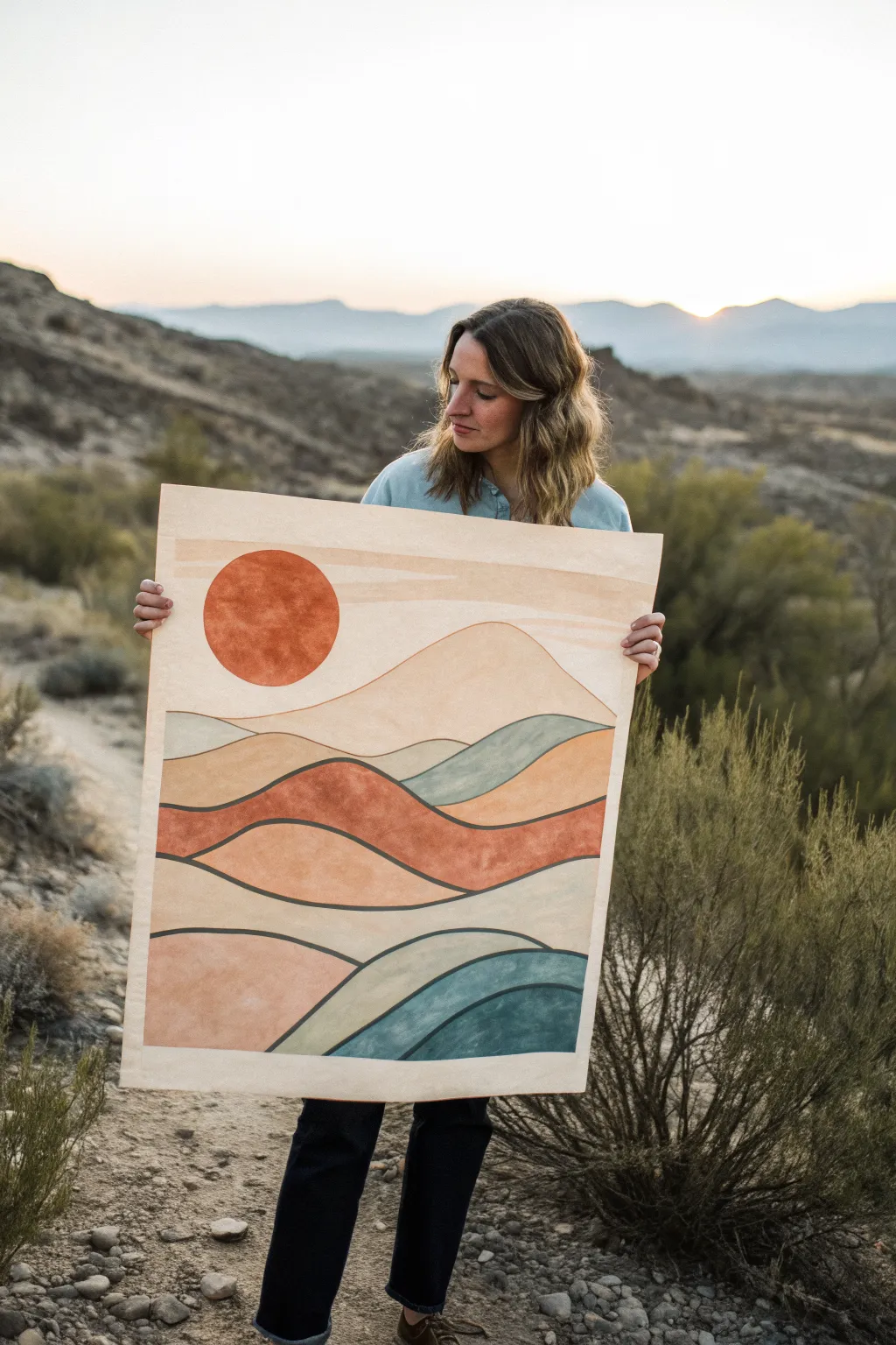 Easy contour-line desert landscape painting idea: minimalist dunes and bold sun in warm tones.
