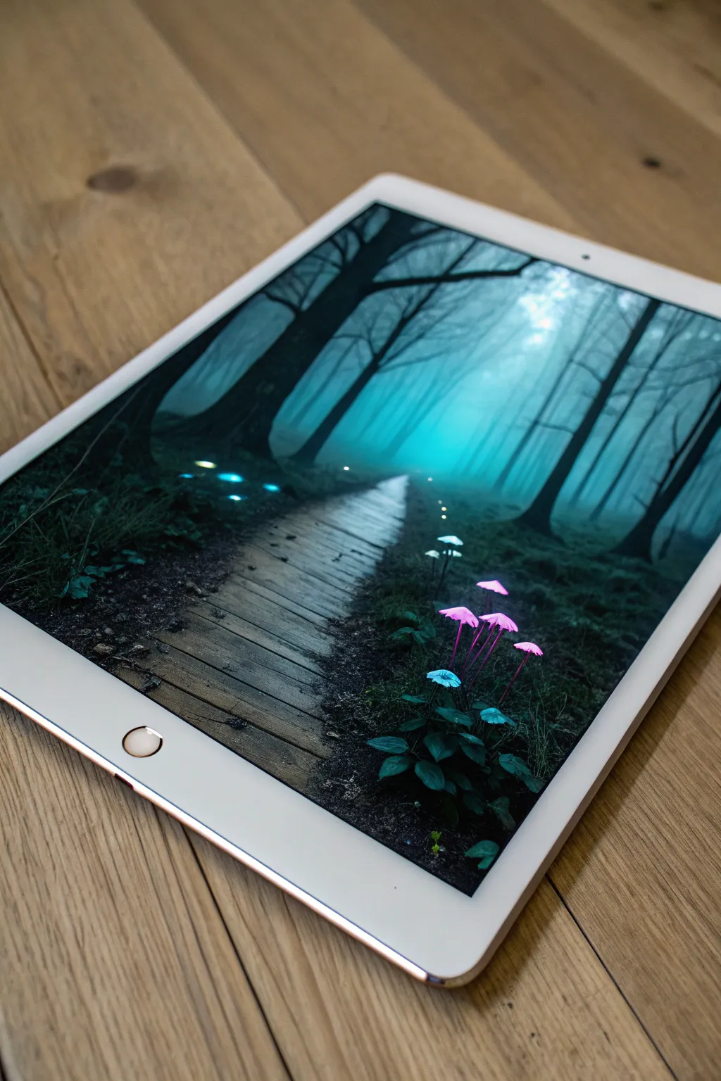 Bioluminescent forest path idea: cool shadows and glowing mushrooms lighting the way