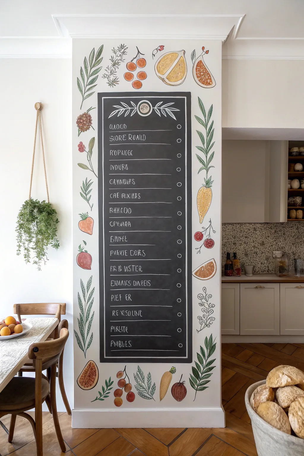 Hand painted menu style mural with boho ingredients and bold contrast for a cozy dining wall