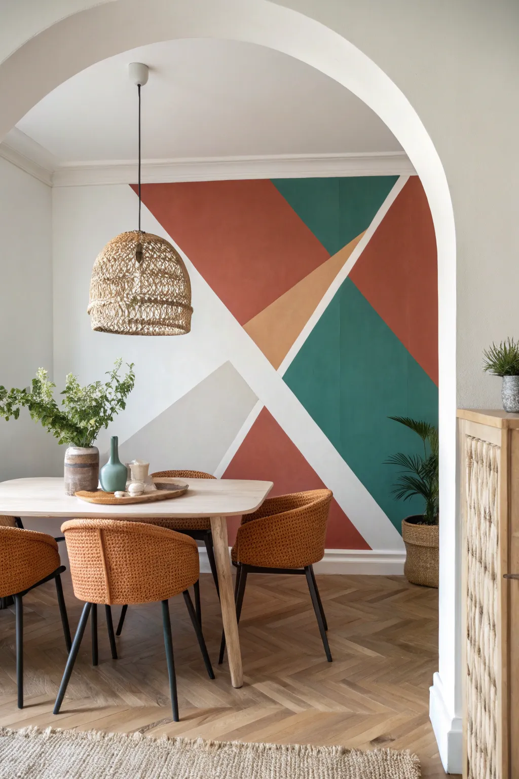 Modern geometric color blocking frames a serene dining room wall in bold, clean Scandinavian style