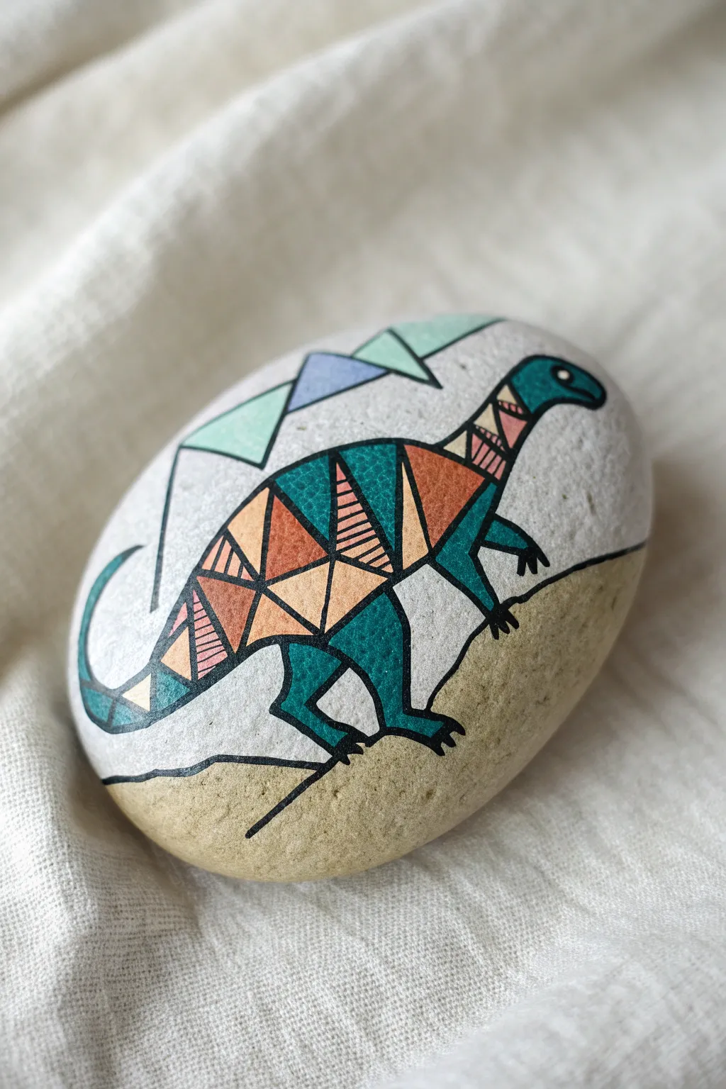 Geometric dinosaur mosaic rock with bold color blocks and clean lines for a modern craft.