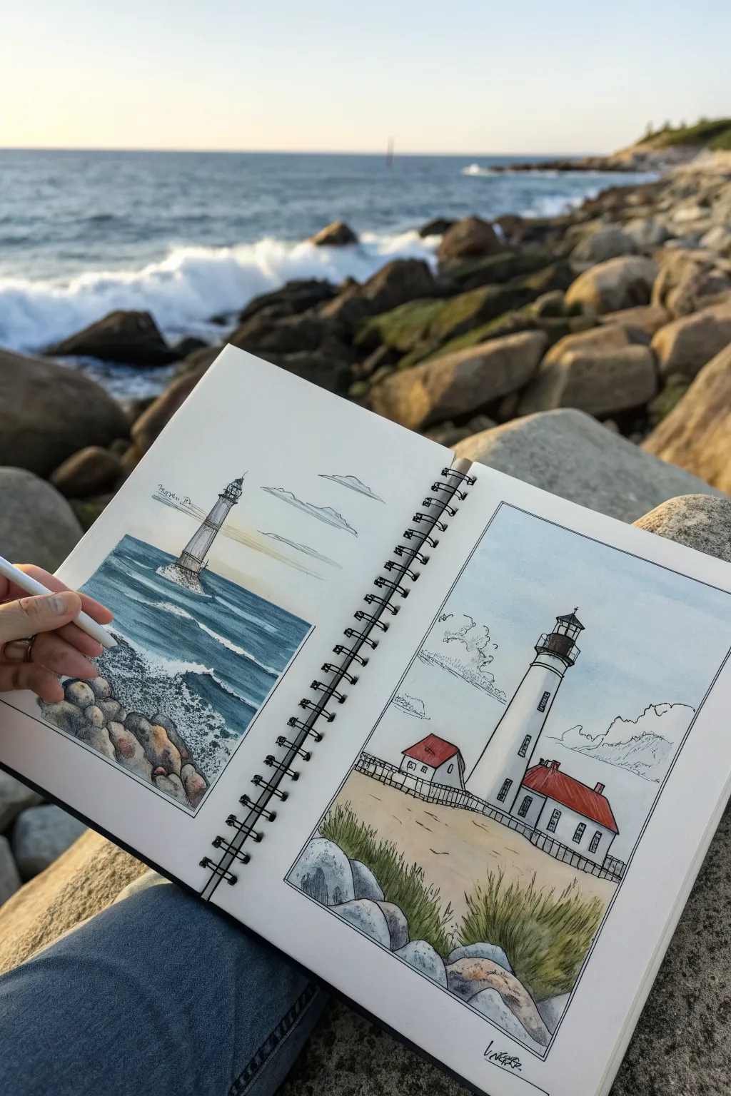 Lighthouse directed drawing steps in a clean Scandinavian-boho style with bold ocean contrast