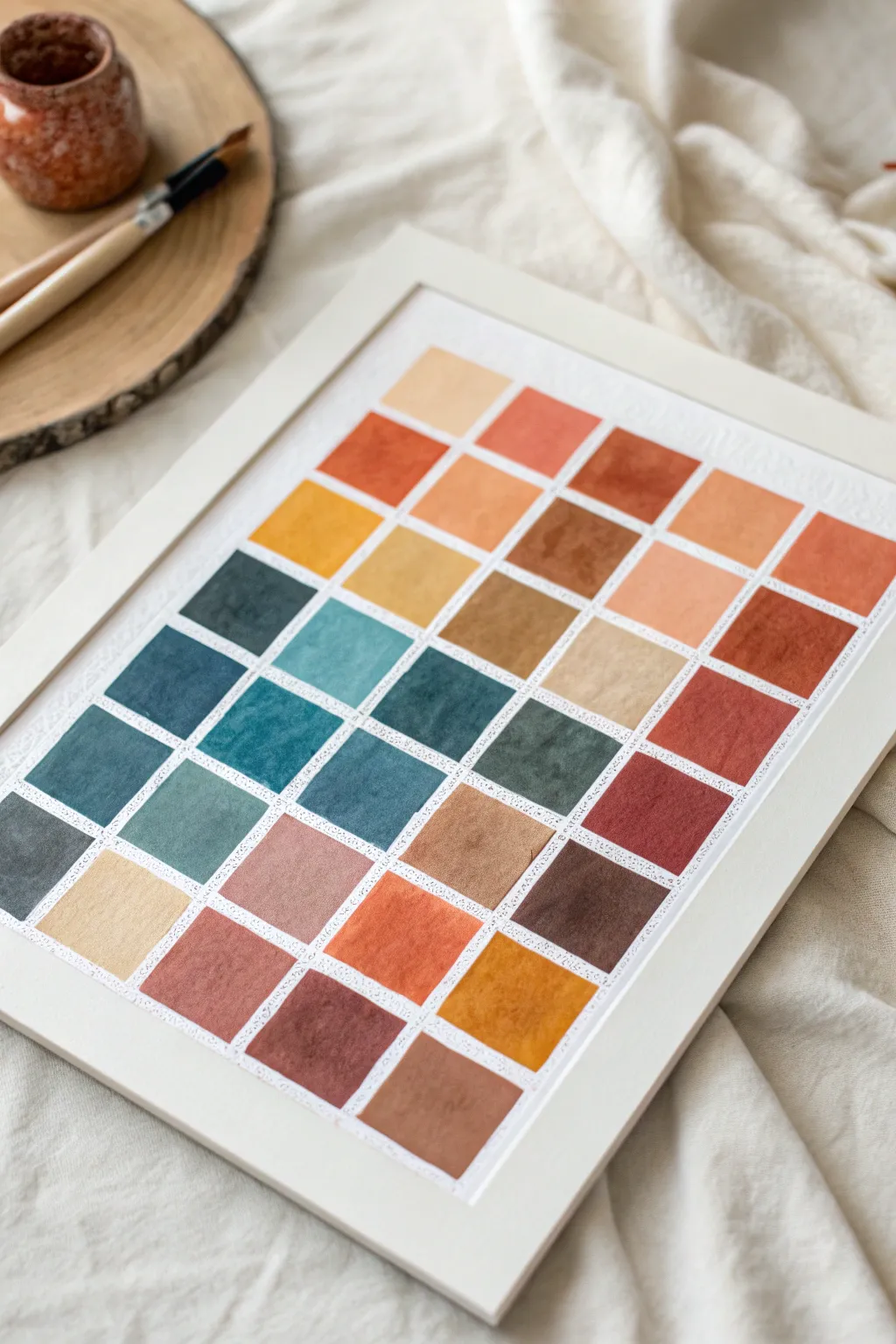 Abstract color swatch grid with hidden Disney-inspired icons, minimalist boho craft vibes