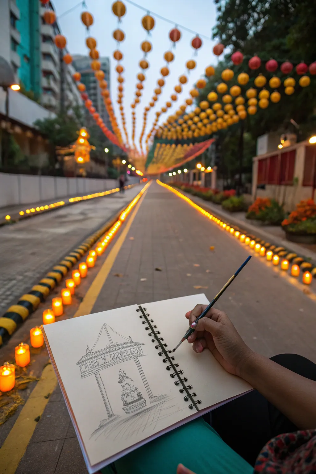 One-point perspective Diwali street drawing with glowing diyas and lanterns leading to a bright horizon