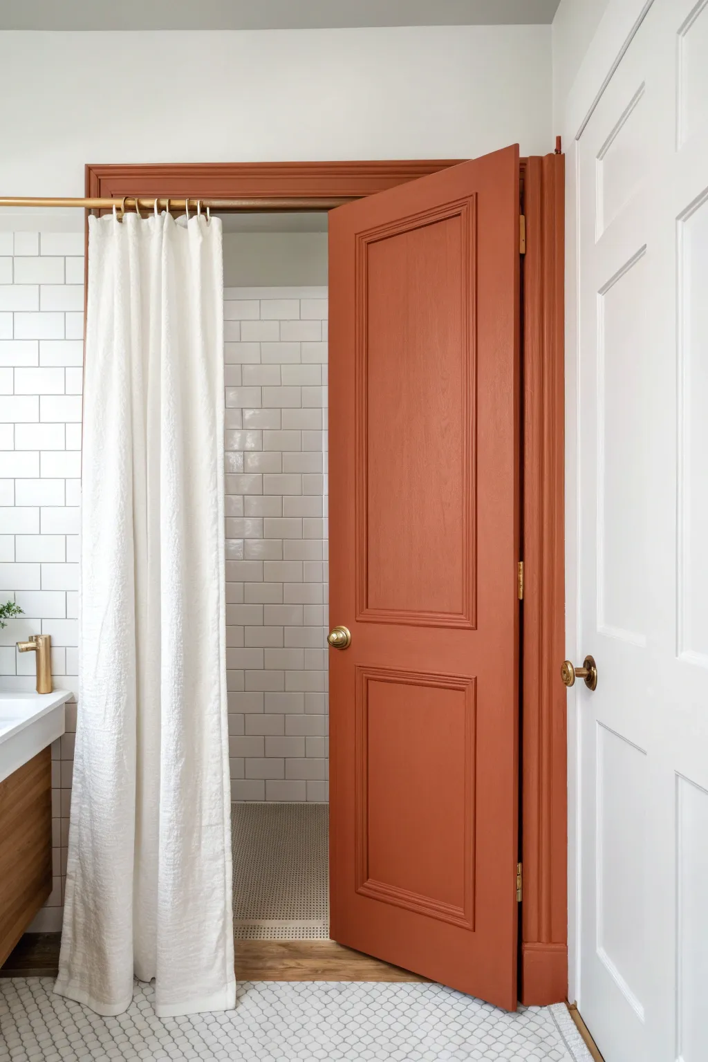 Paint the bathroom door a bold shade for instant impact and a chic, curated look.