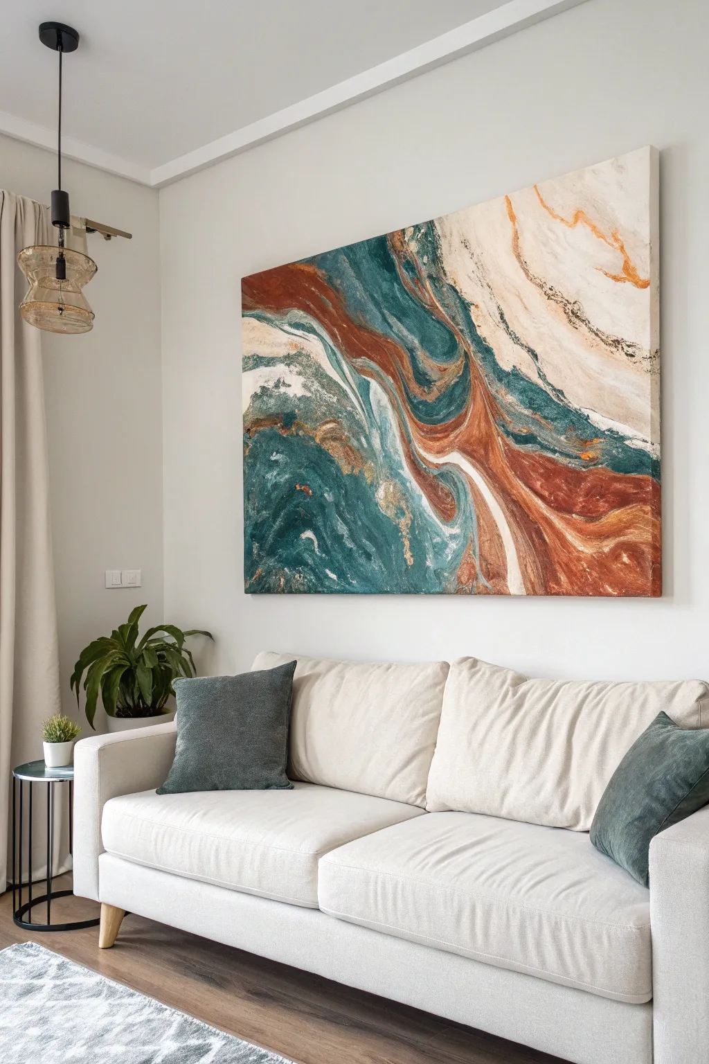 Glossy marbled acrylic pour canvas above the sofa for a chic, cohesive Scandinavian living room