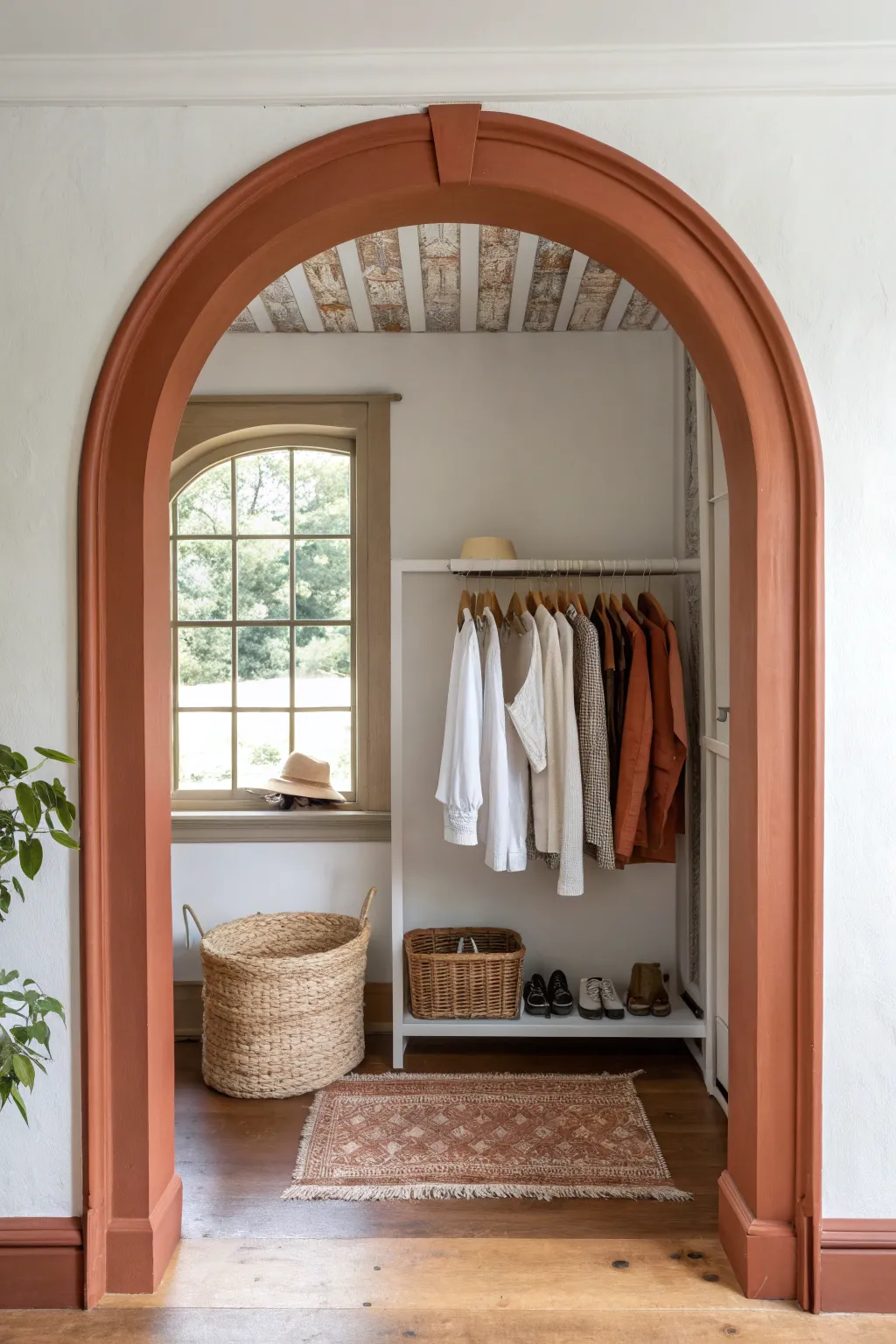 Bold painted arch frame turns a simple closet nook into a striking, minimalist focal point