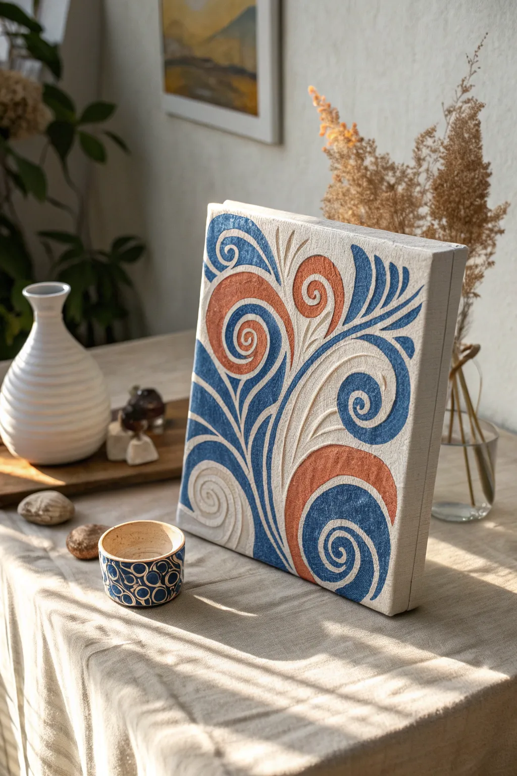 Sunlit raised-paste arches with bold color accents for an easy, elegant textured canvas DIY