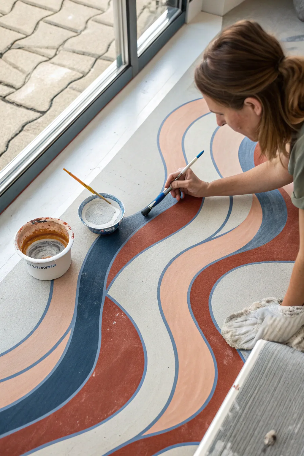 Paint flowing topographic contour lines on concrete for a bold minimalist boho floor upgrade