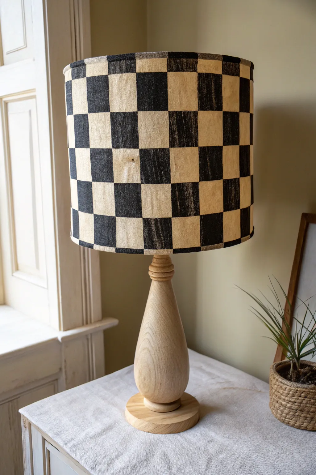 Bold checkerboard lampshade DIY for a minimalist Scandinavian look with striking contrast