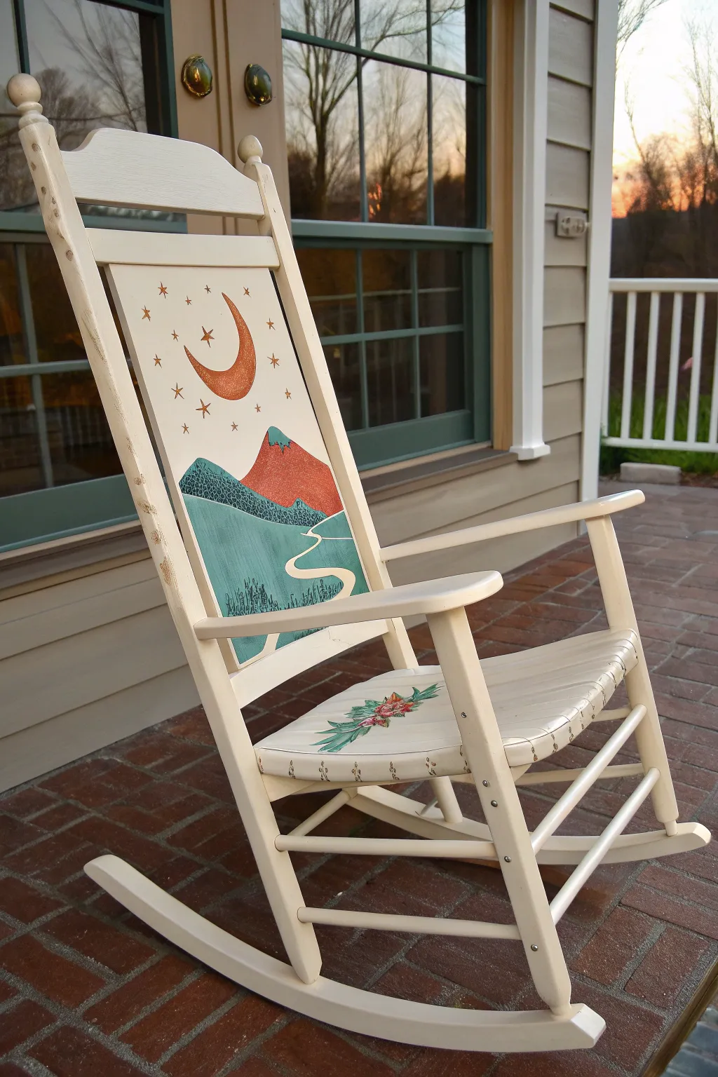 DIY rocking chair makeover with a simple storybook mural in warm evening light and bold color pops.