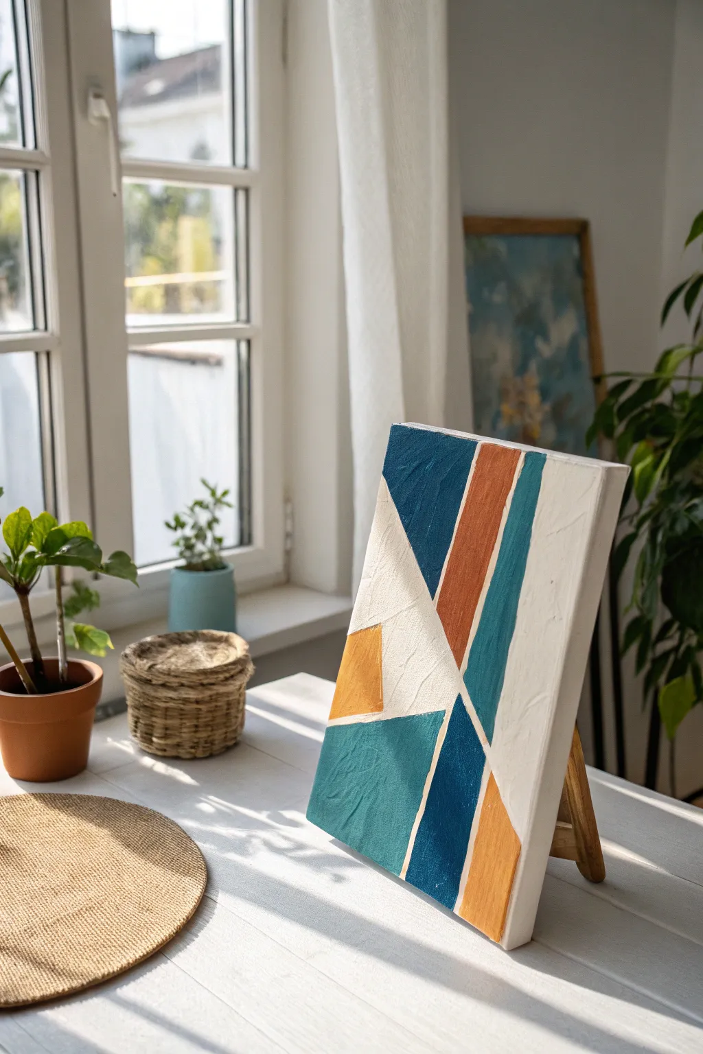 Layered collage meets paint for a bold mixed-media canvas, minimalist boho workspace vibes.