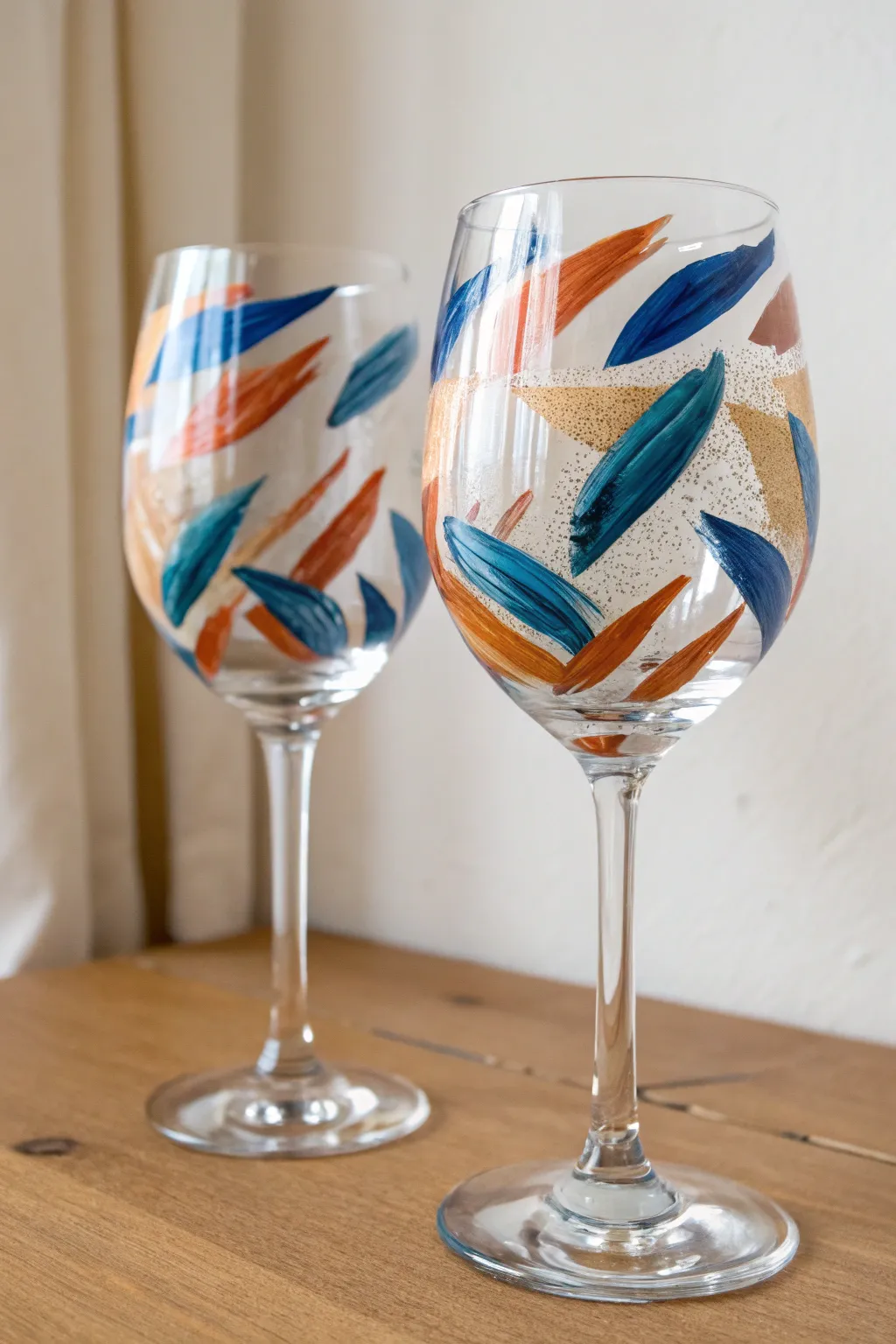 Abstract brushstroke DIY wine glasses with bold color pops, minimalist studio styling.