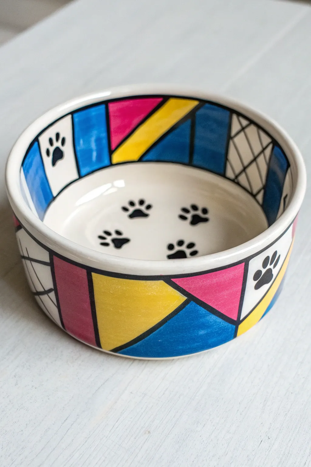 Pop-art color-block dog bowl with bold comic paw prints, clean minimal studio vibes