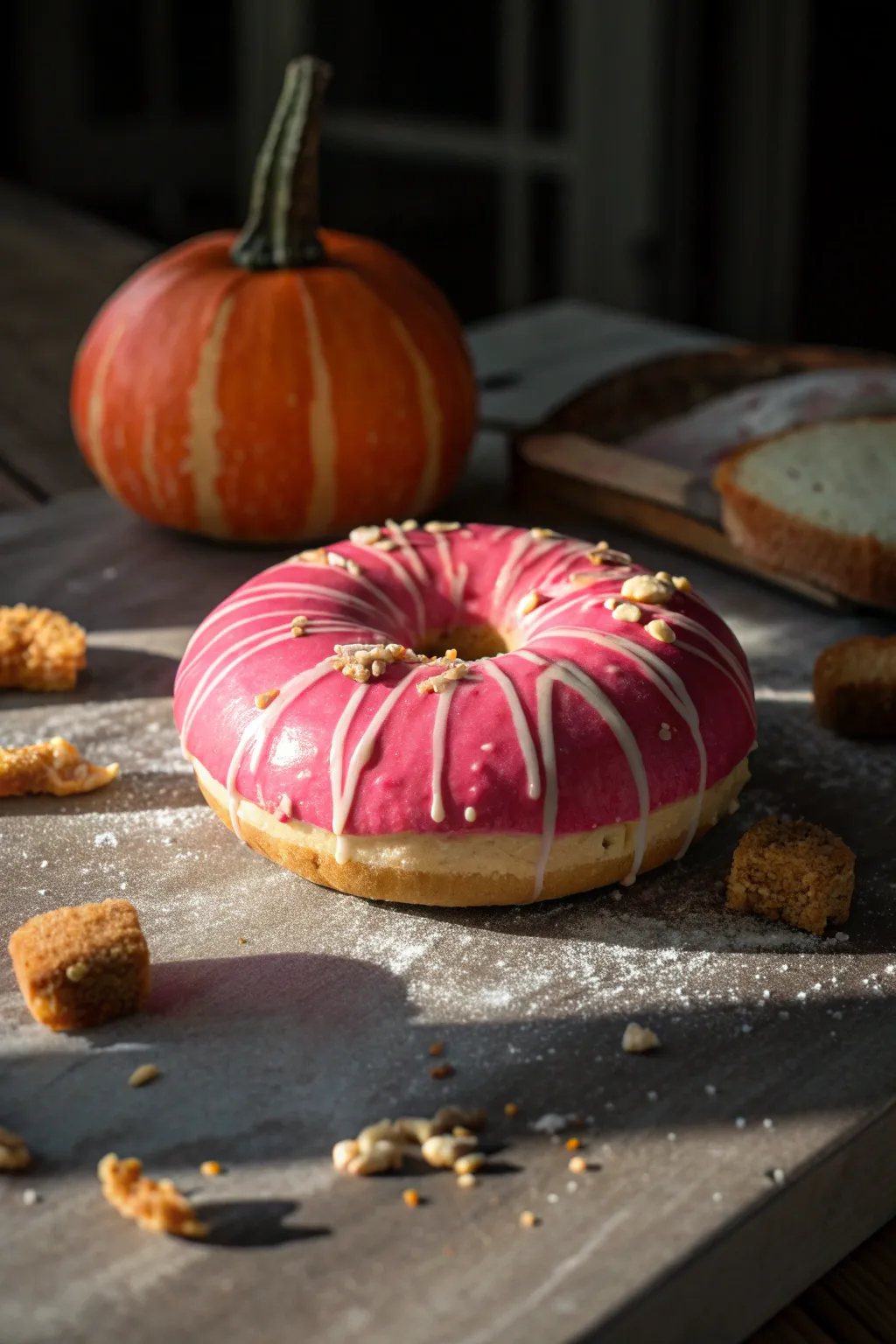 Trompe-l’œil donut pumpkin with a realistic bite and crumb shadows, bold glaze, minimal backdrop