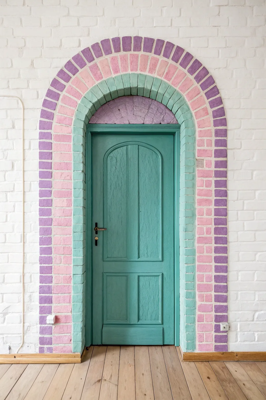 Pastel faux brick archway door illusion with bold teal depth and minimalist Scandinavian boho charm.