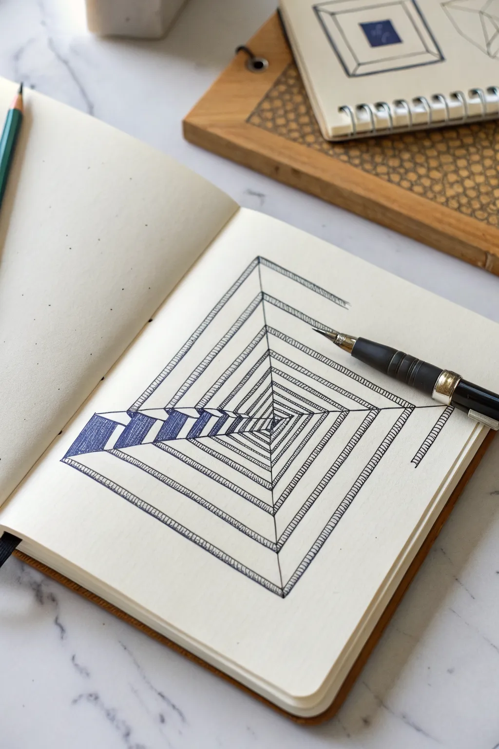 Impossible stair maze sketch with bold indigo shadows and clean lines for a mesmerizing drawing idea