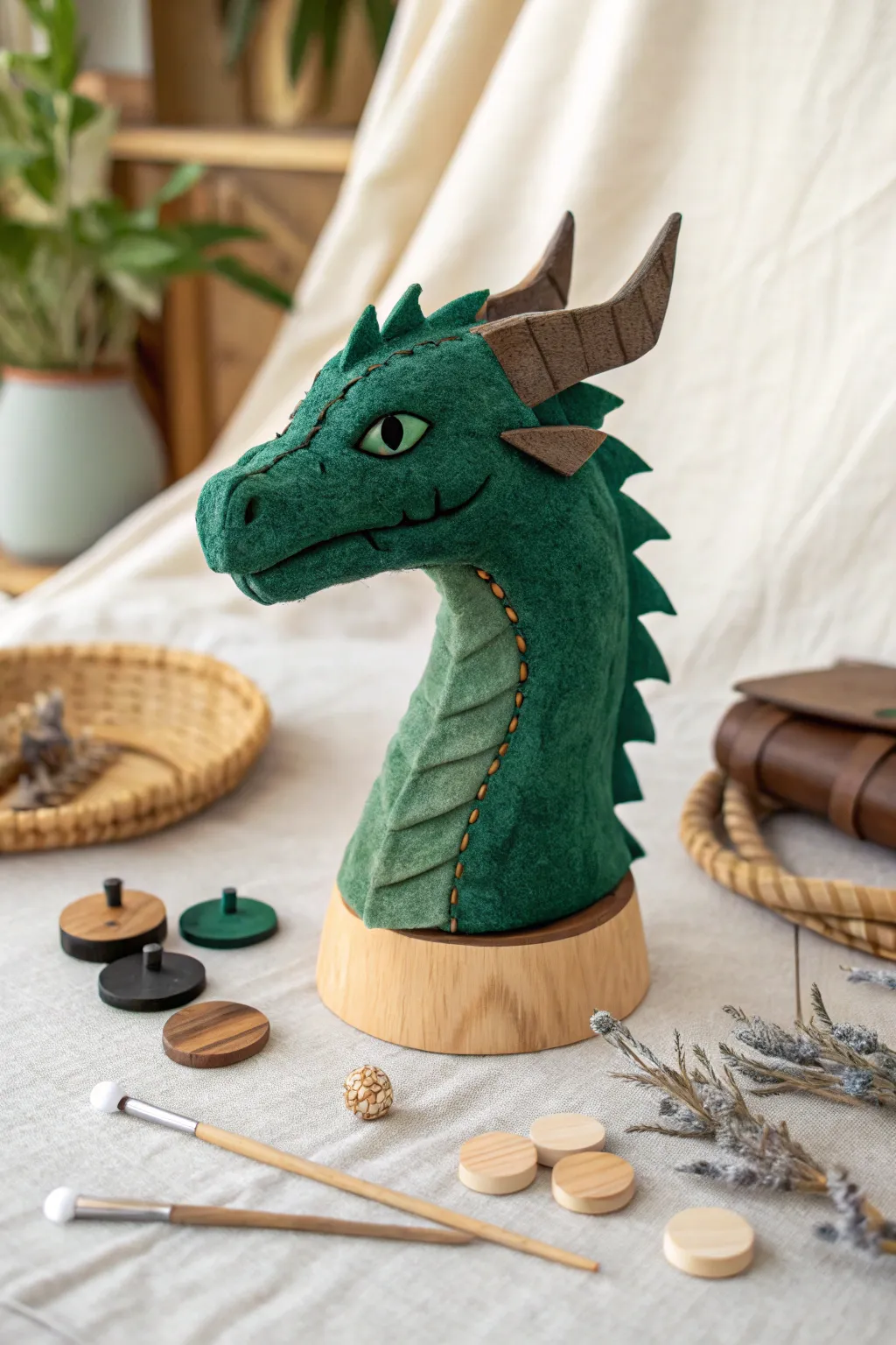 Swappable face plates beside a handcrafted dragon puppet base for instant expression changes.
