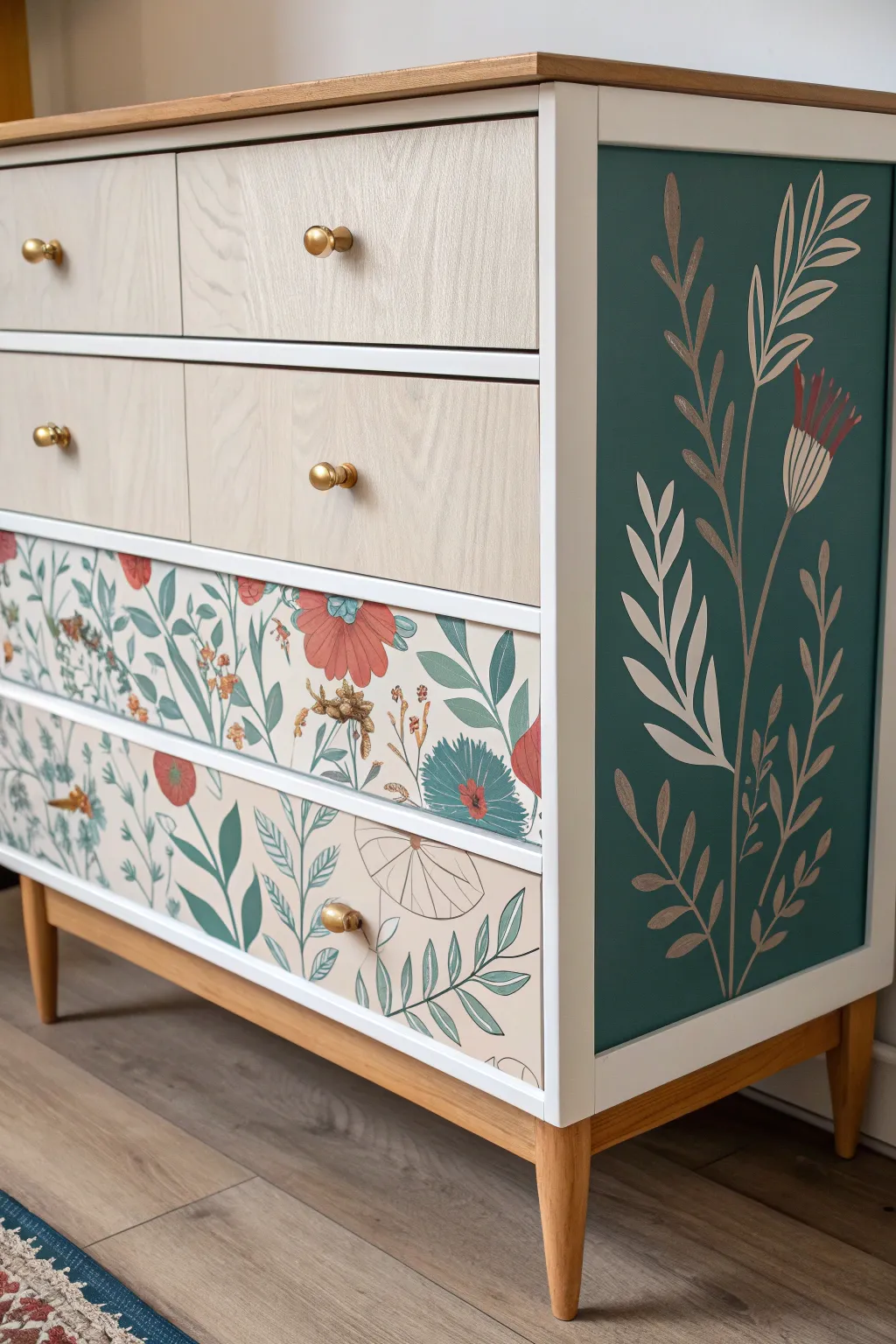 Hand-painted florals on drawer corners add boho charm to a minimalist dresser front.
