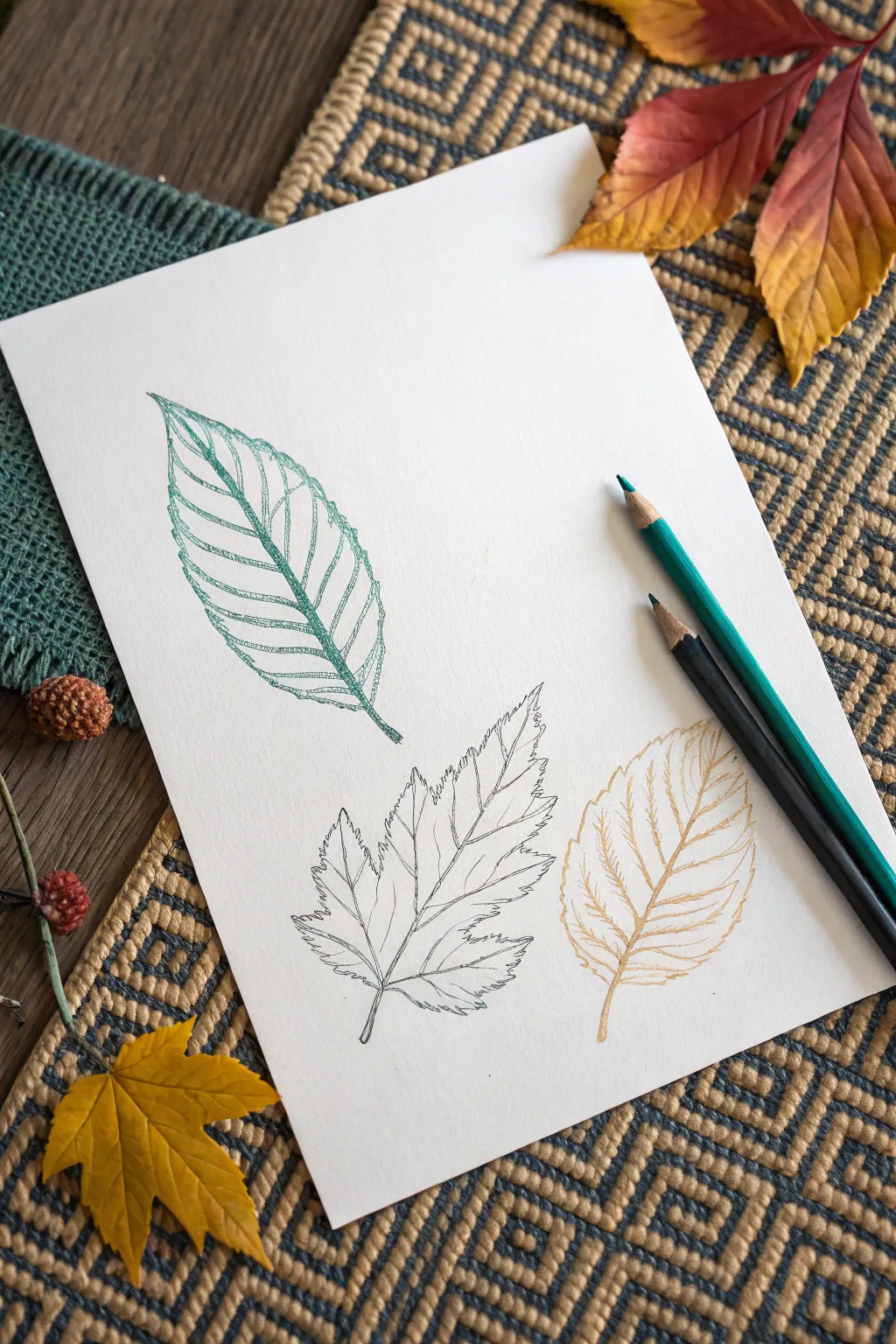 Graphite texture rubbing background with simple ink leaves and bold colored pencil shading accents