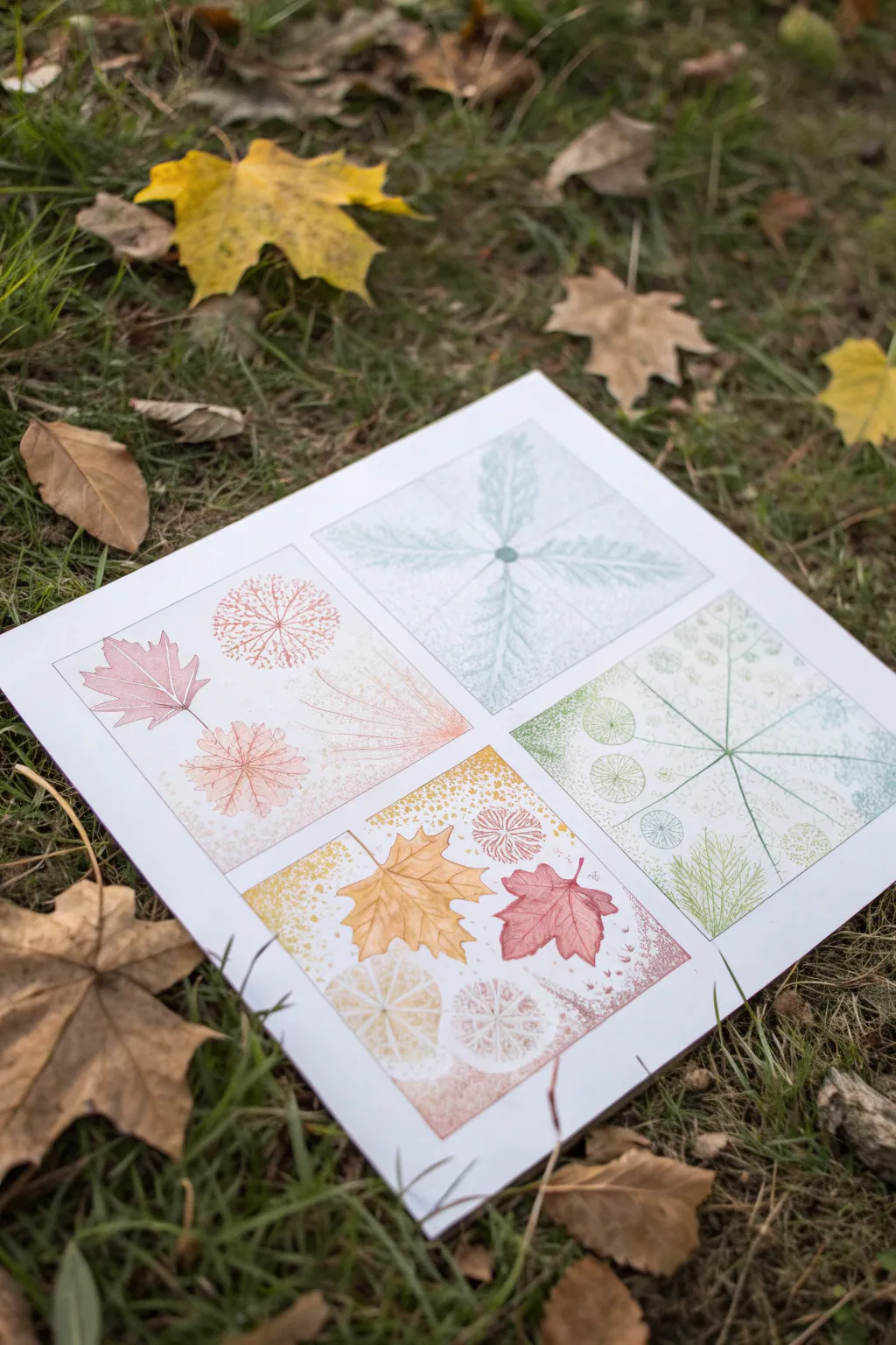 Abstract four seasons map with simple shapes, bold colors, and serene Scandinavian-boho charm