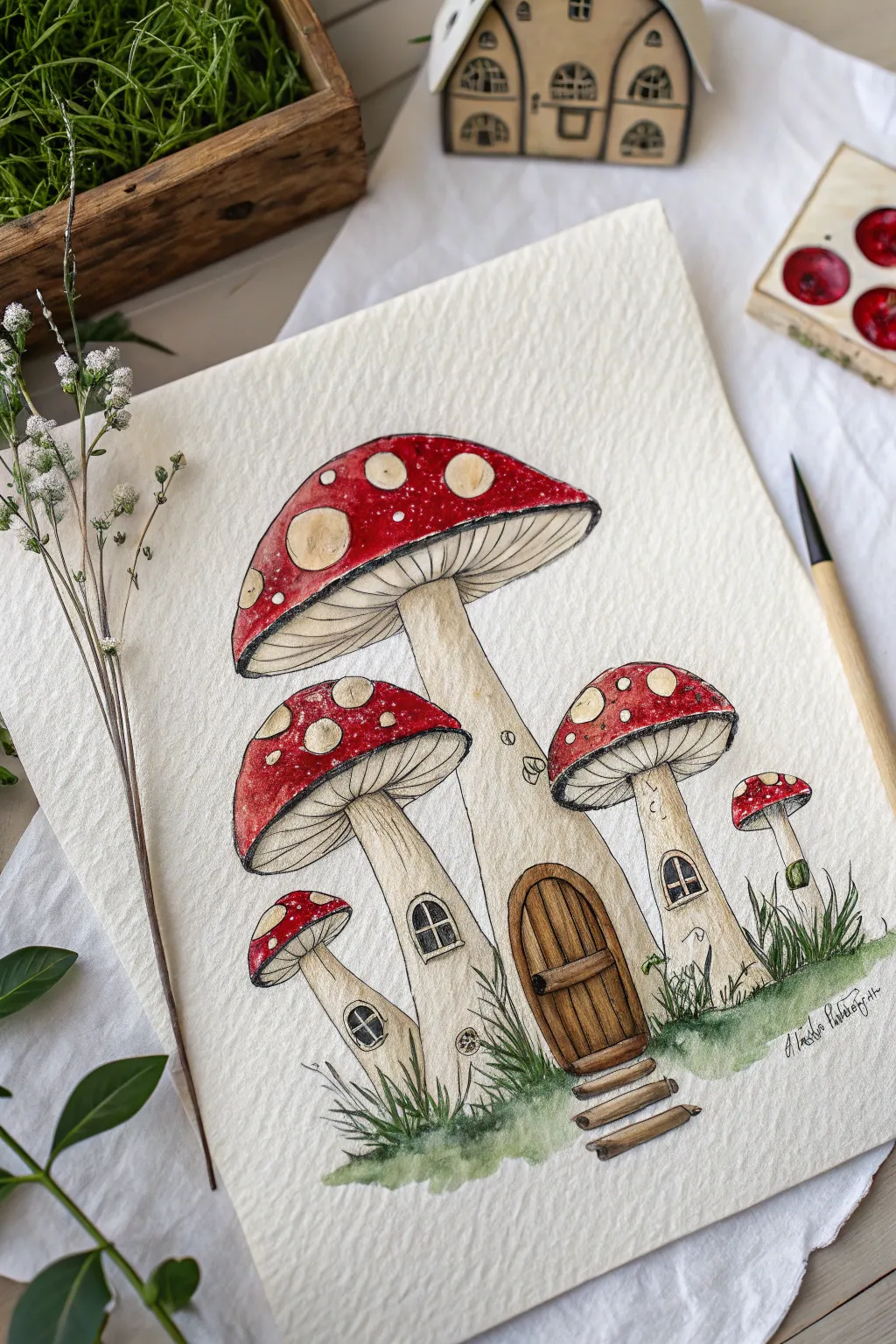 Create a tiny fairy world with this whimsical mushroom drawing idea. 🍄✨