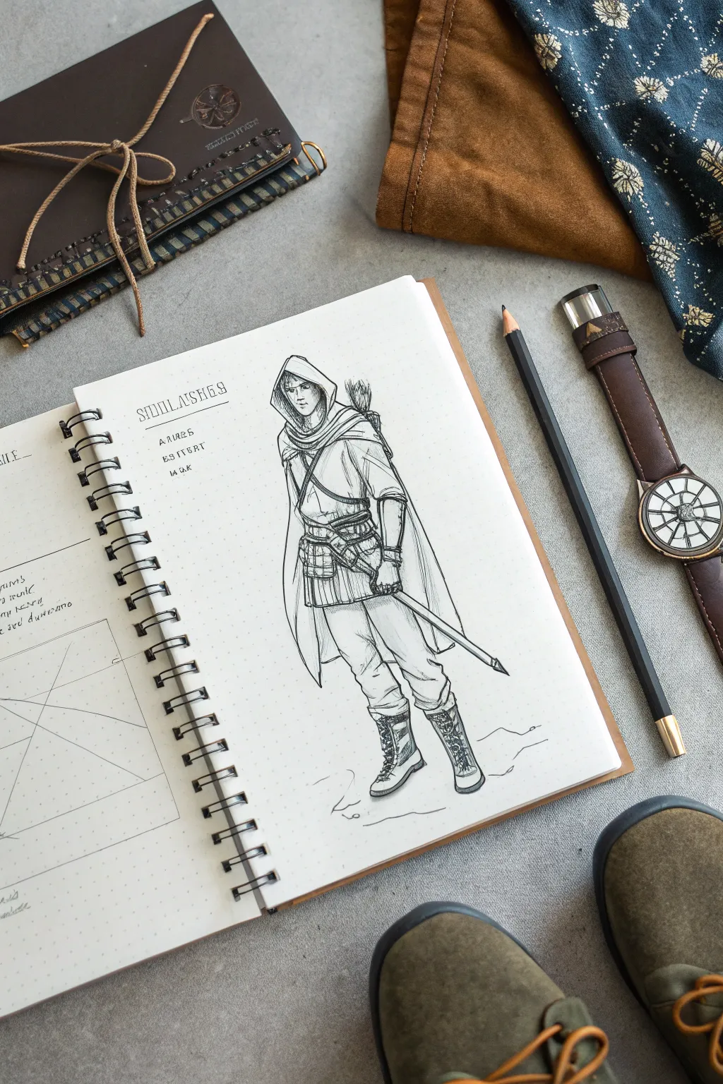 Fantasy class character concept sheet, minimalist Nordic sketch with bold boho color pops