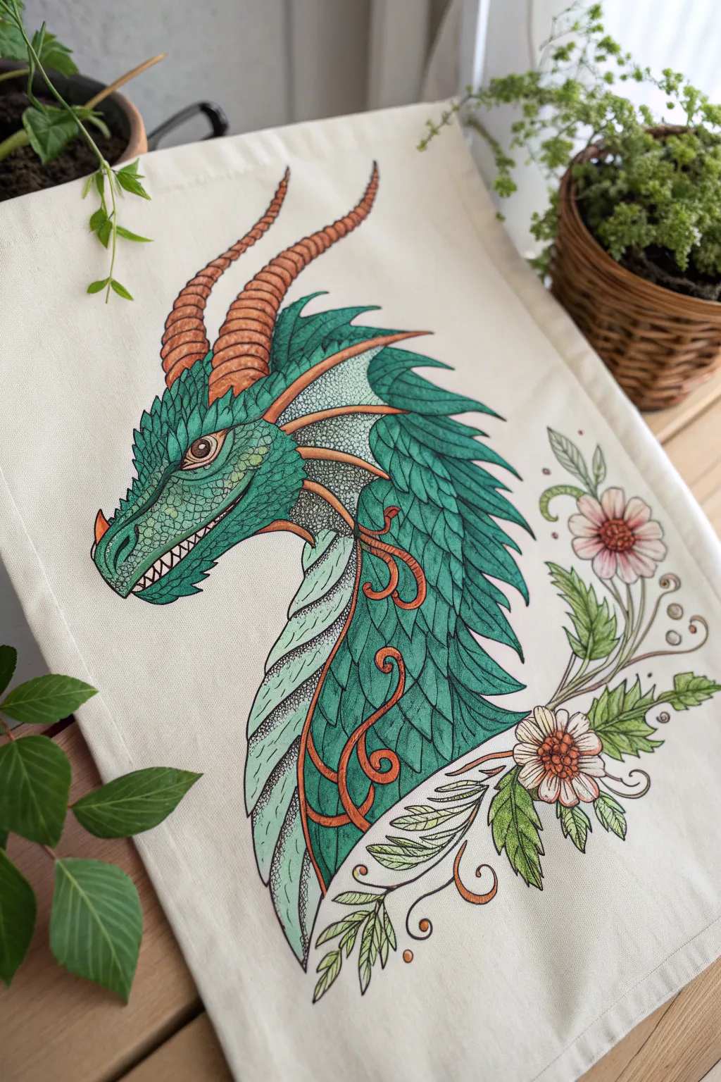 Botanical dragon head drawing with curling vines, layered leaves, and a fierce reptilian eye