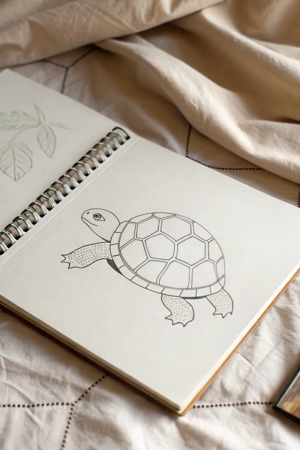 Easy oval turtle sketch: simple shapes with a clean hexagon shell pattern in Nordic-boho style