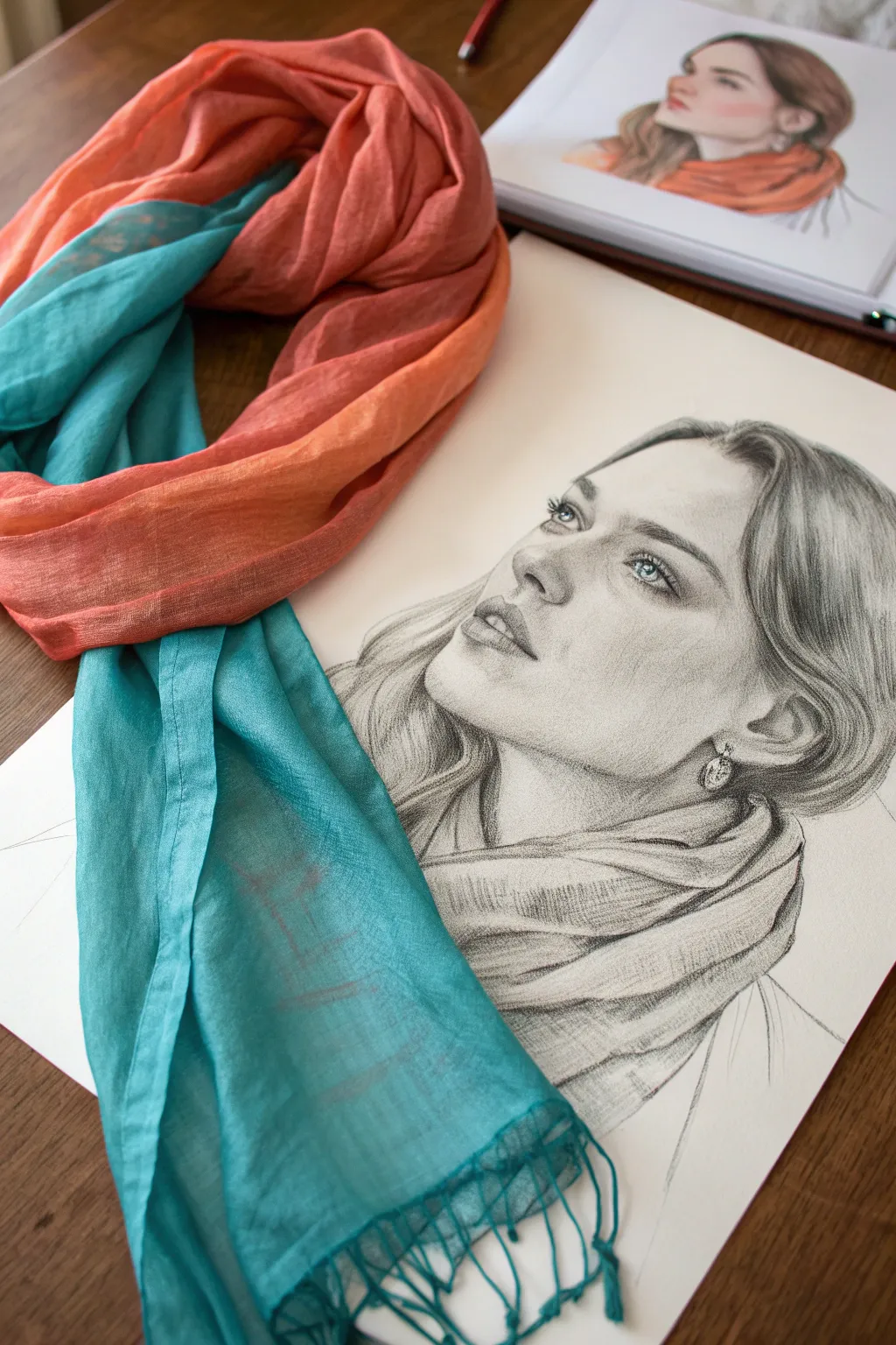 Minimalist portrait drawing with a scarf hiding the mouth, soft folds and bold boho color contrast